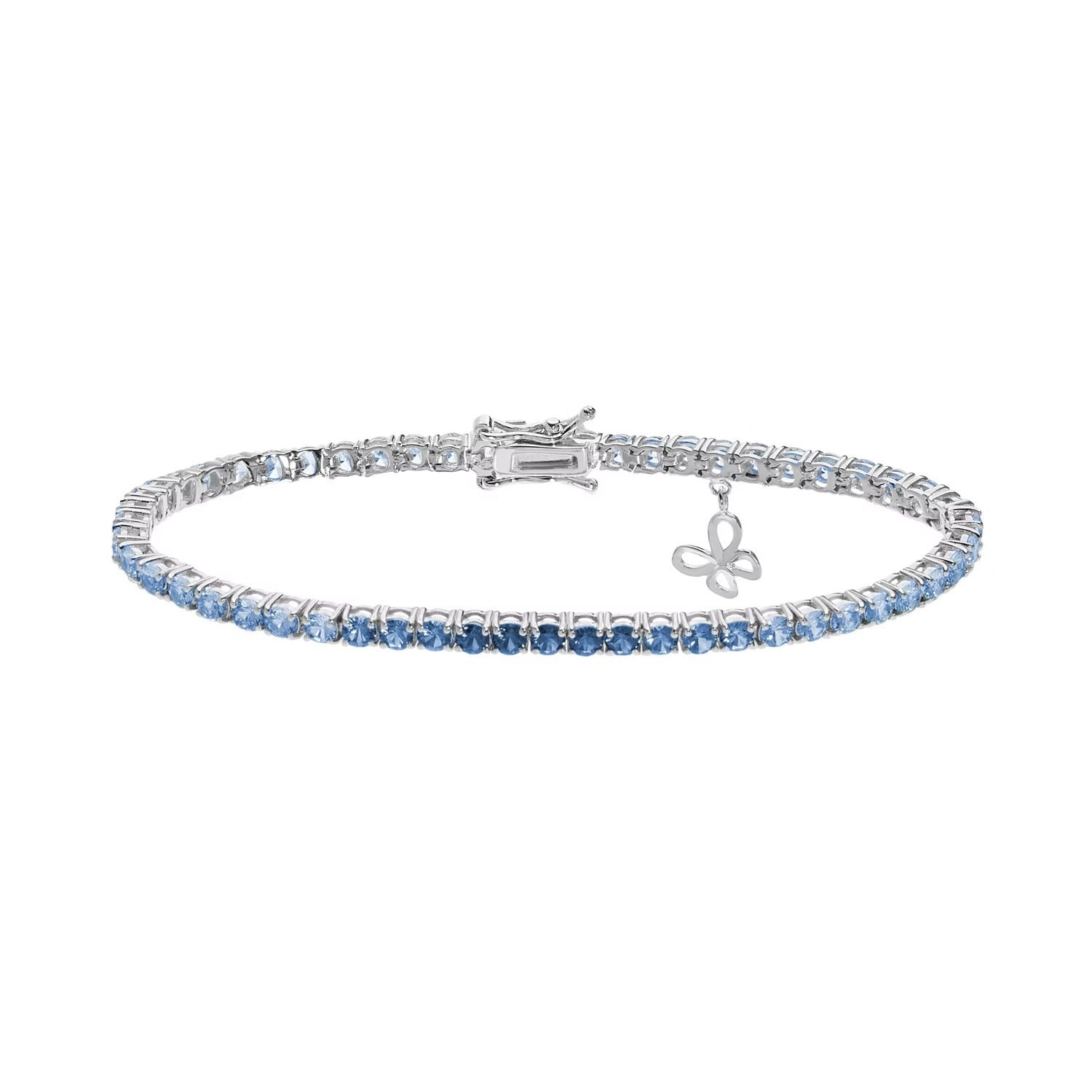 Comete bracciale in argento 925‰ modello tennis con cristalli degradè bianchi e azzurri. Con dettaglio farfalla pendente. Lunghezza bracciale 18 cm.