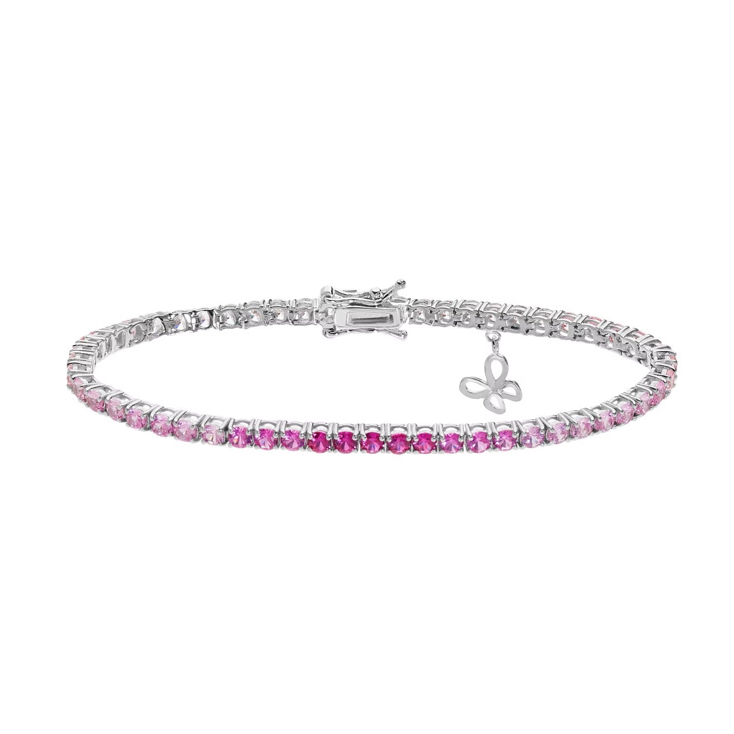 Comete bracciale in argento 925‰ modello tennis con cristalli degradè bianchi e rosa. Con dettaglio farfalla pendente. Lunghezza bracciale 18 cm.