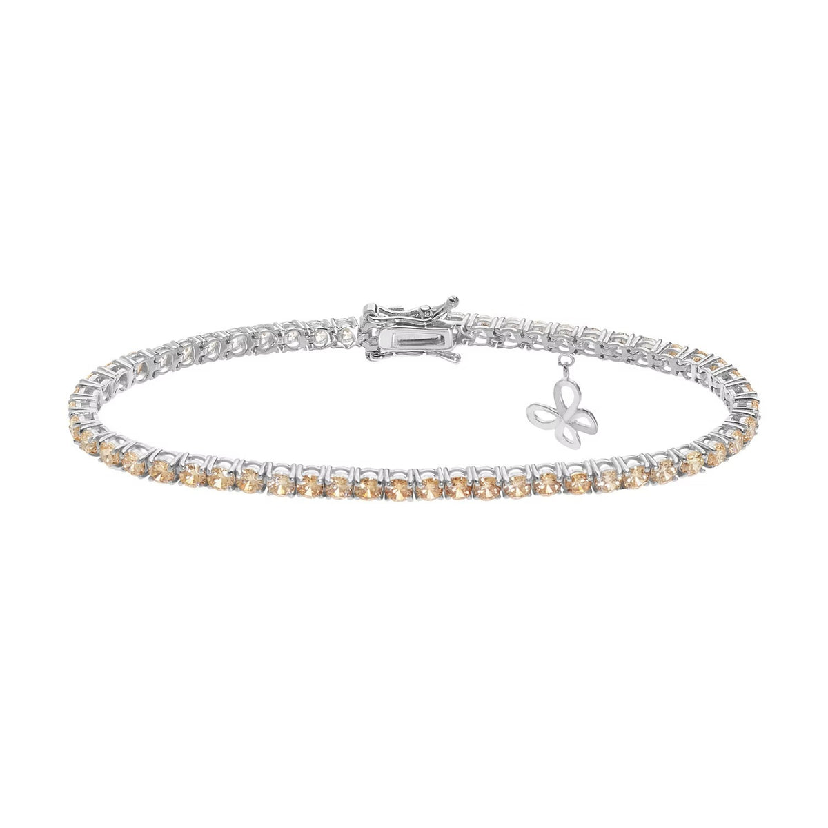 Comete bracciale in argento 925‰ modello tennis con cristalli degradè bianchi e champagne. Con dettaglio farfalla pendente. Lunghezza bracciale 18 cm.