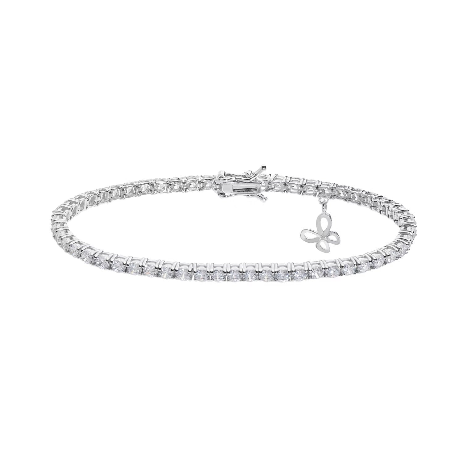 Comete bracciale in argento 925‰ modello tennis con zirconi bianchi. Con dettaglio farfalla pendente. Lunghezza bracciale 18 cm.