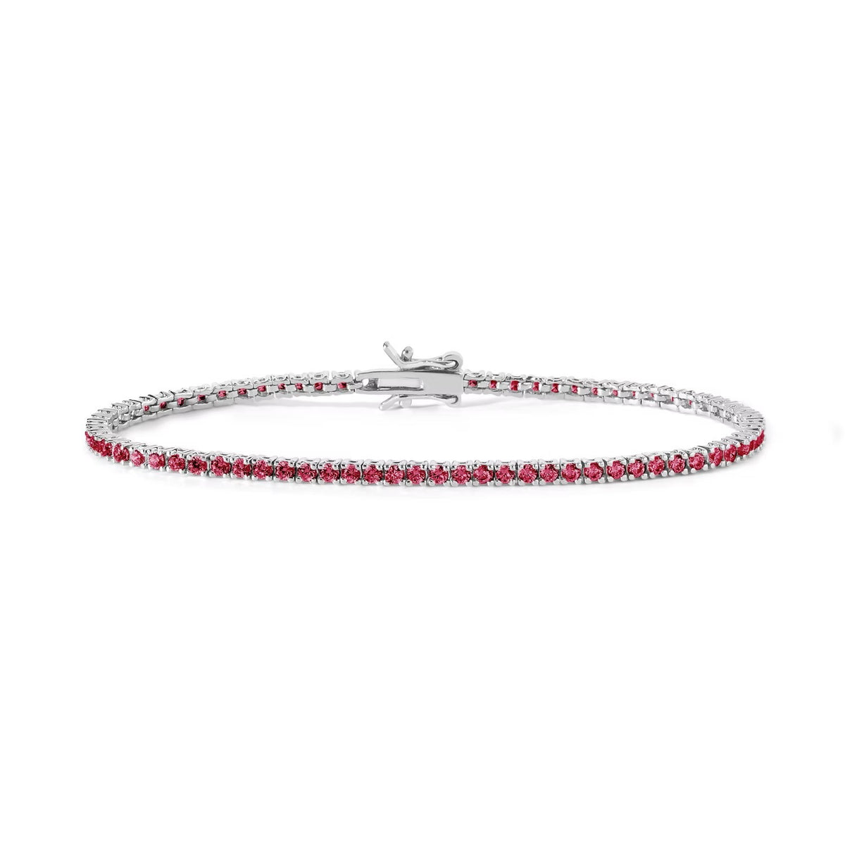Comete bracciale in argento 925‰ modello tennis con zirconi color rubino. Lunghezza bracciale 18 cm.