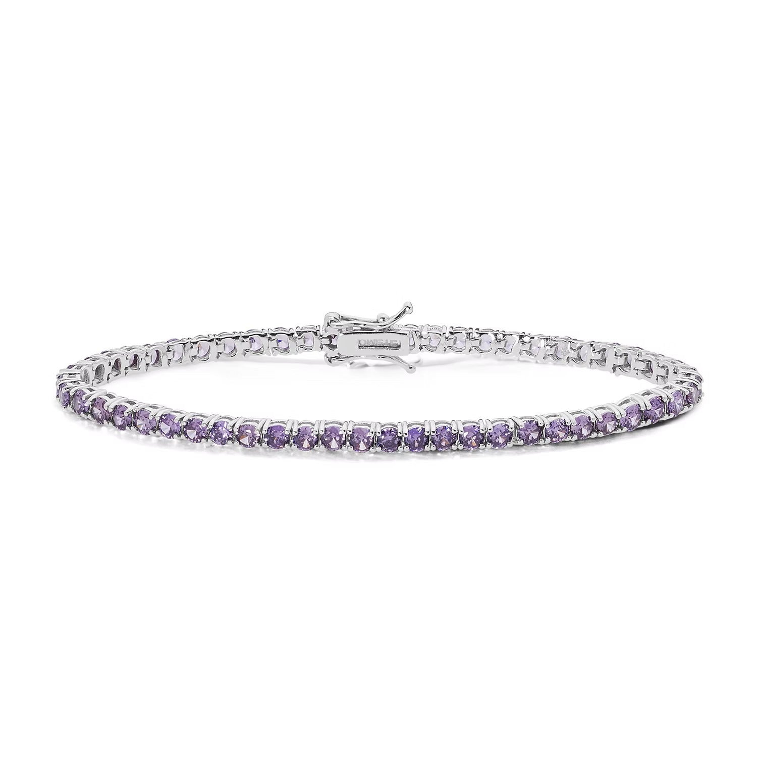 Comete bracciale in argento 925‰ modello tennis con zirconi viola ametista. Lunghezza bracciale 18 cm.