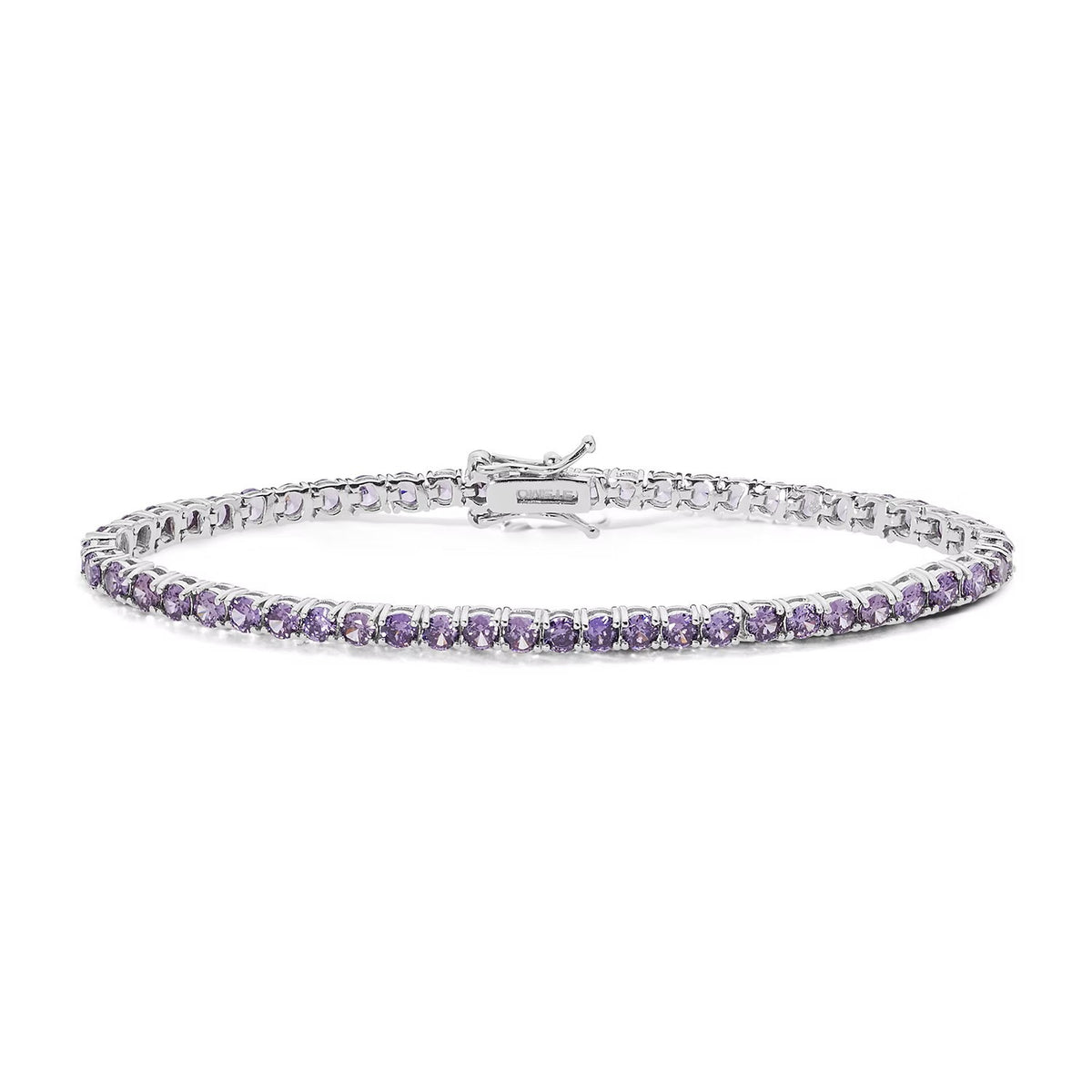 Comete bracciale in argento 925‰ modello tennis con zirconi viola ametista. Lunghezza bracciale 18 cm.