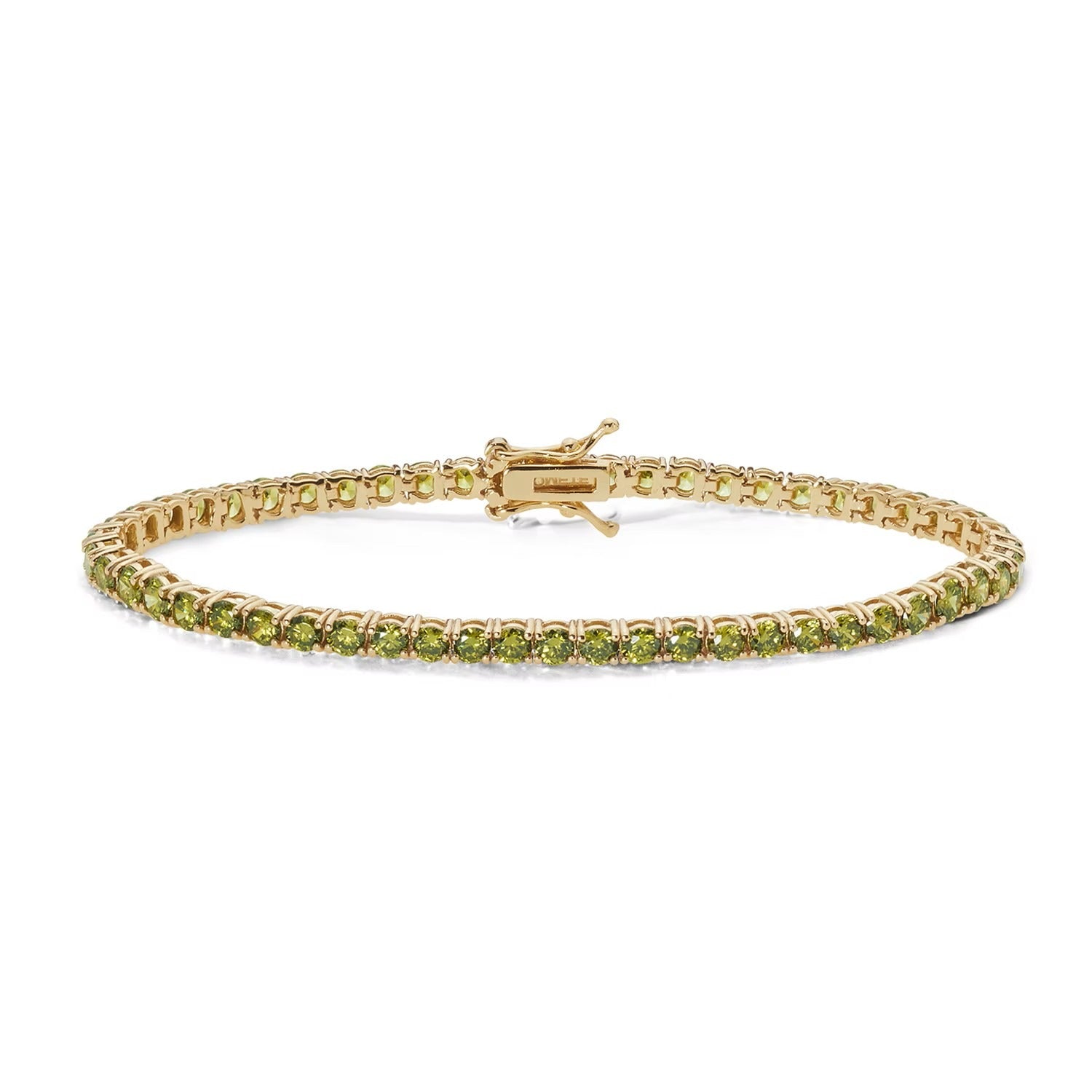 Comete bracciale in argento 925‰ modello tennis con doratura e zirconi color peridot. Lunghezza bracciale 18 cm.