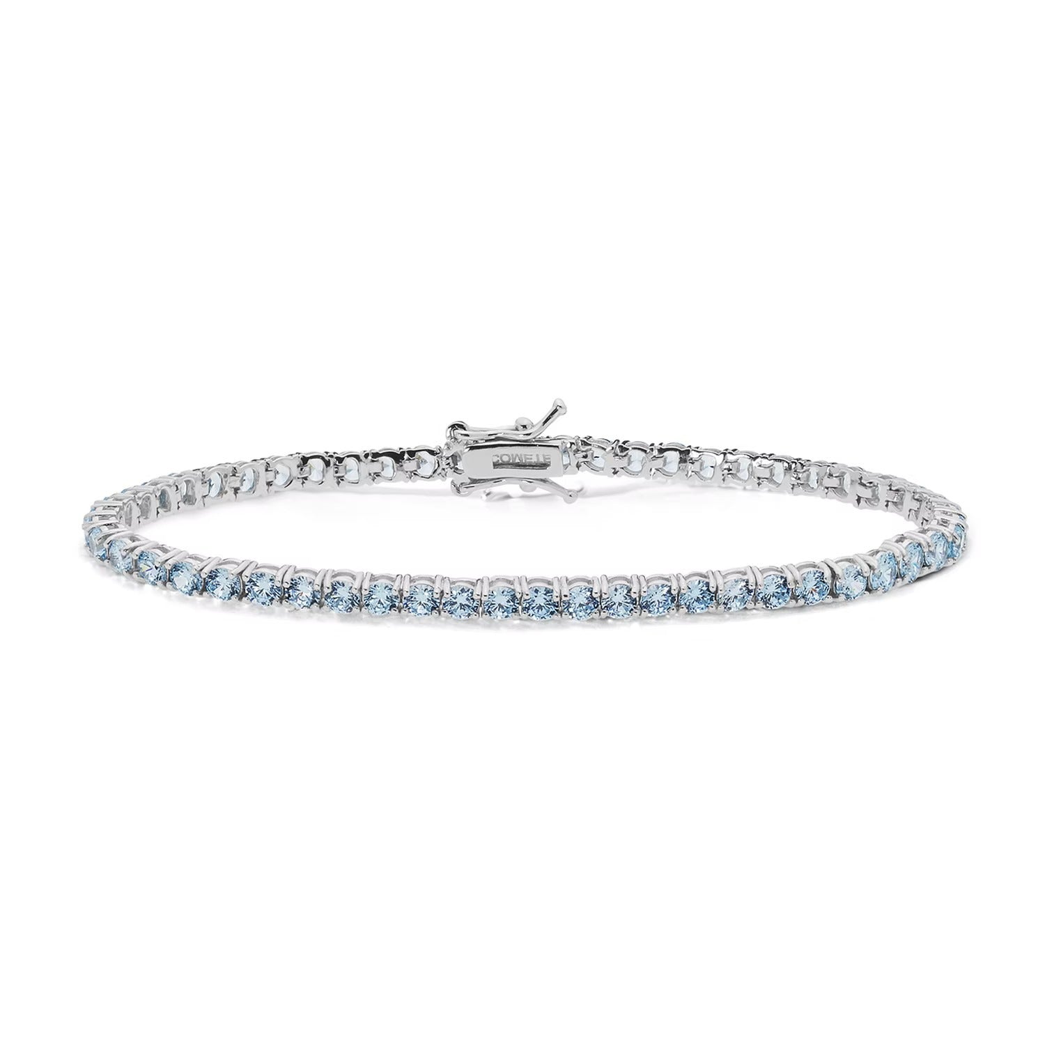 Comete bracciale in argento 925‰ modello tennis con zirconi acquamarina. Lunghezza bracciale 18 cm.