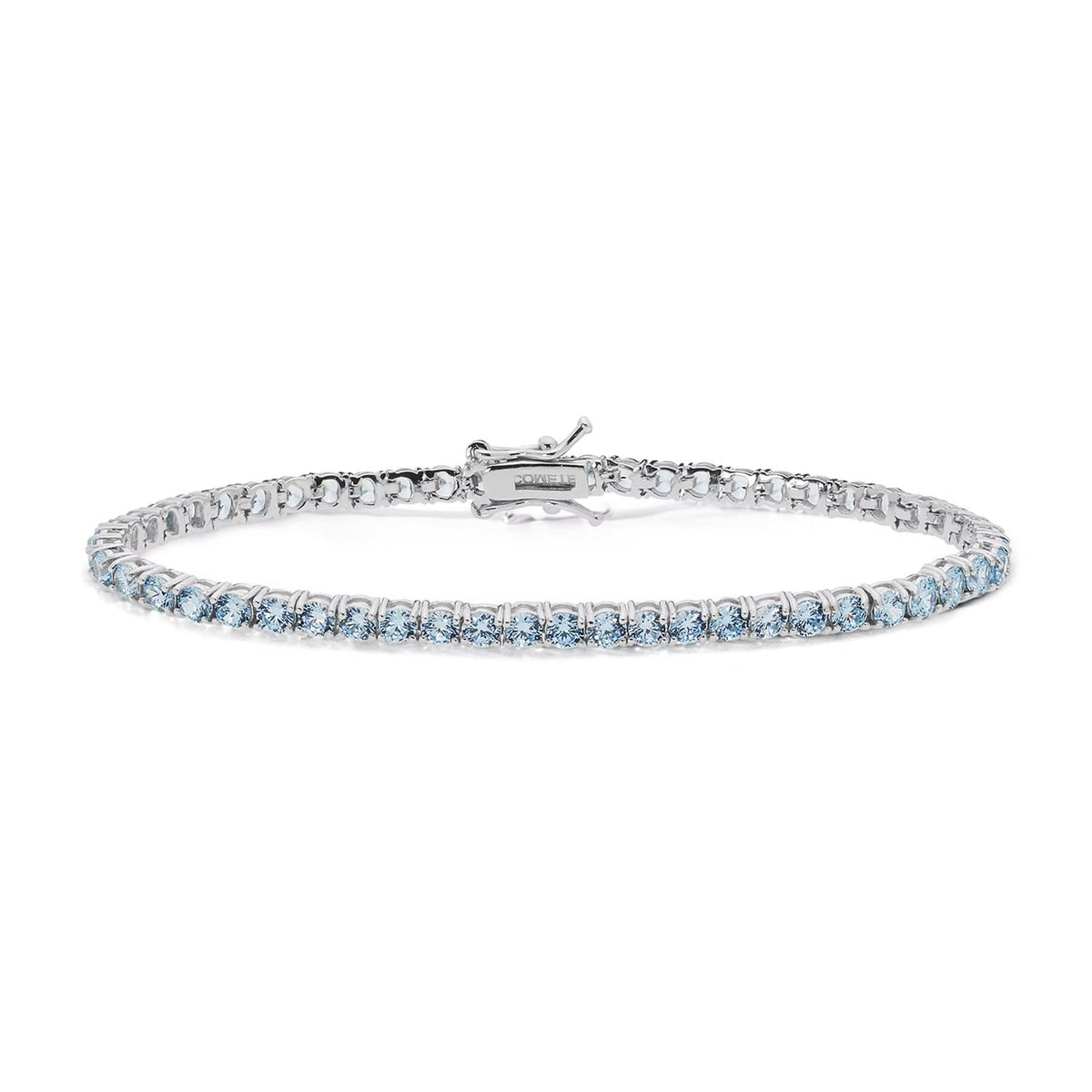 Comete bracciale in argento 925‰ modello tennis con zirconi acquamarina. Lunghezza bracciale 18 cm.