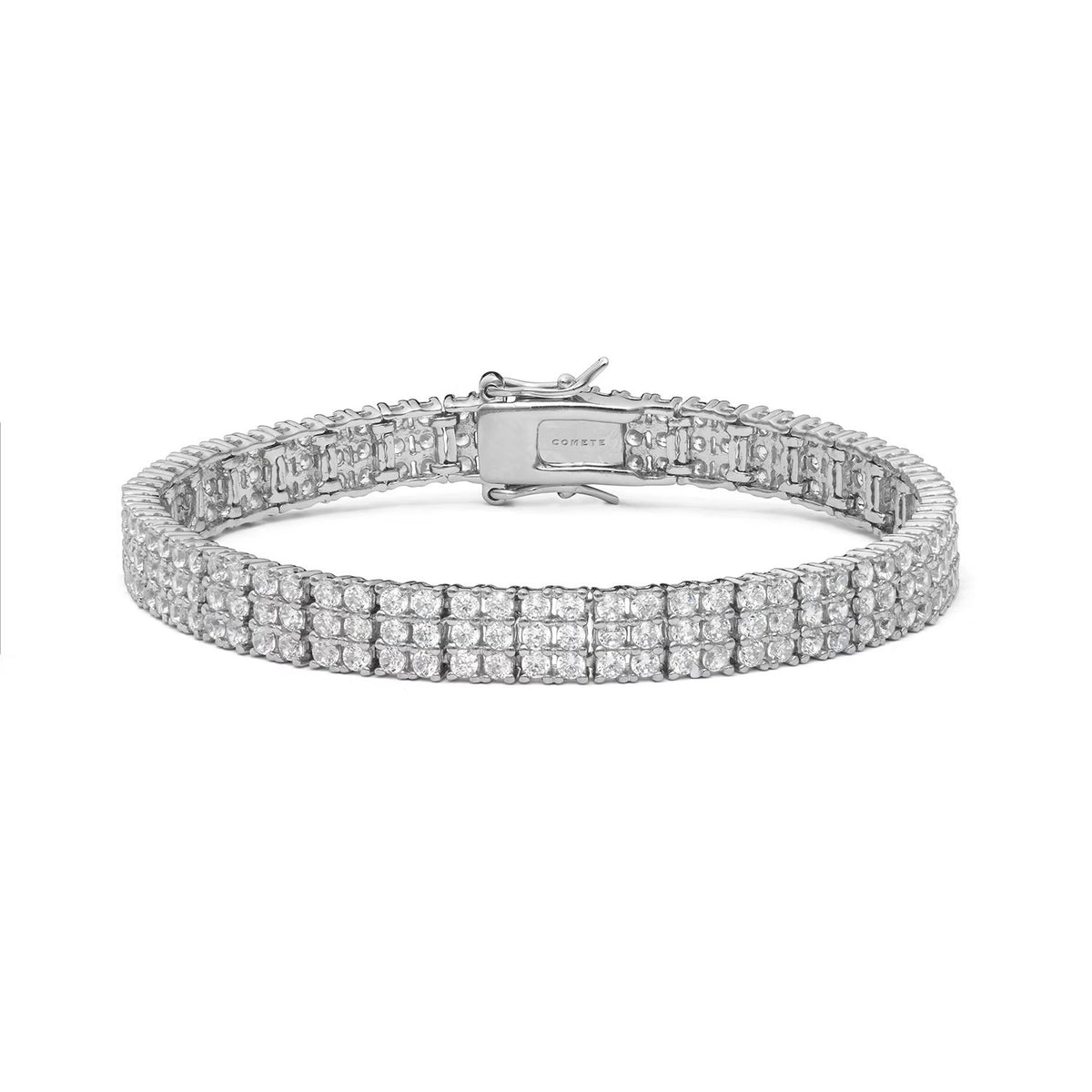 Comete bracciale in argento 925‰ modello tennis tre file con zirconi bianchi. Lunghezza bracciale 18 cm.