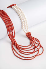 Collana multifilo in corallo bambù e perle