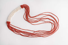 Collana multifilo in corallo bambù e perle