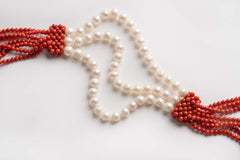 Collana multifilo in corallo bambù e perle