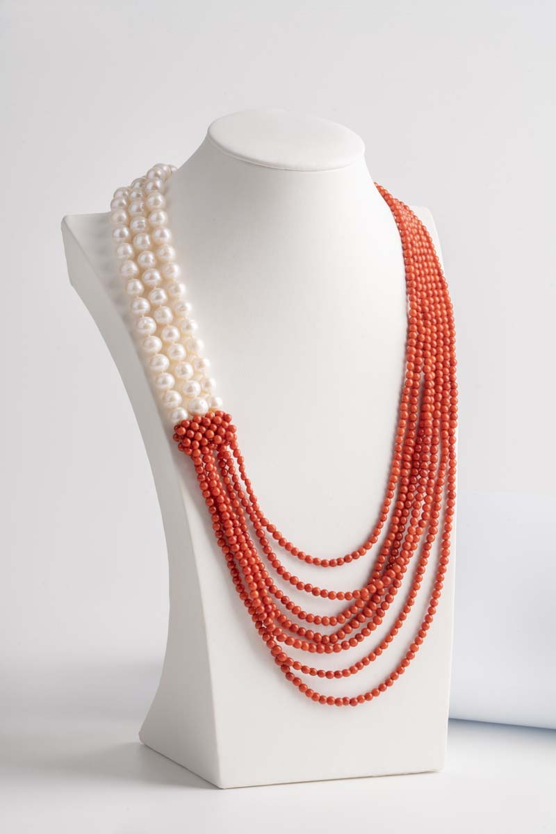 Collana multifilo in corallo bambù e perle
