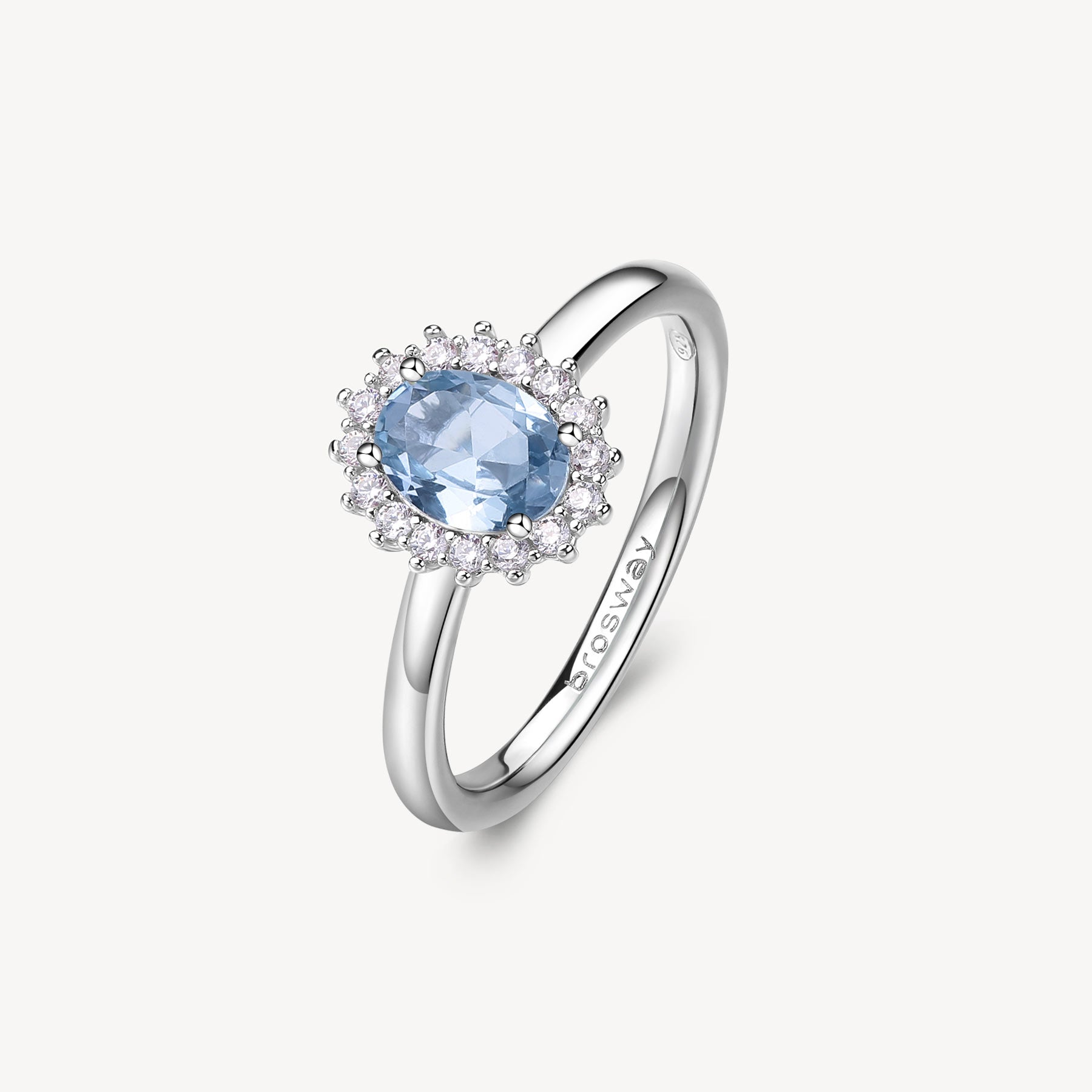 Anello kate in argento rodiato 925‰ con oval cubic zirconia chiari e colore light sapphire. Misura 16.