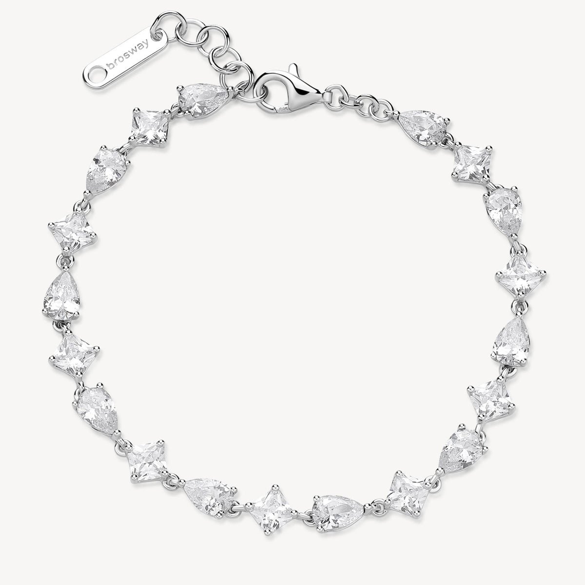 Bracciale in argento rodiato 925‰ con square e pear cubic zirconia. Lunghezza bracciale 18cm.