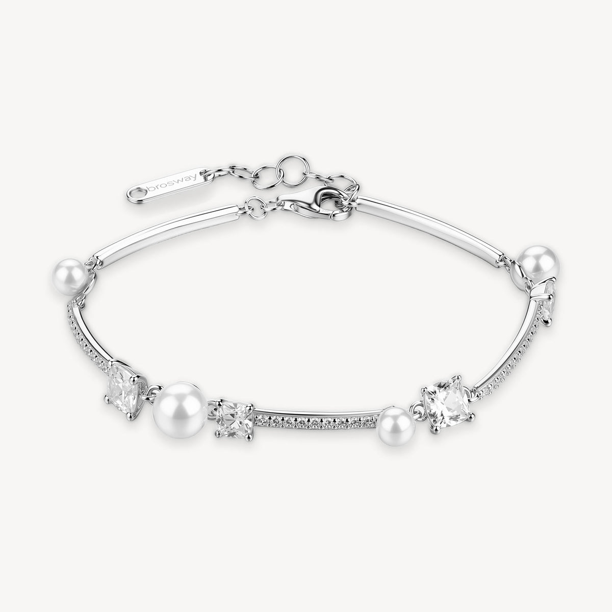 Bracciale semirigido in argento rodiato 925‰ con perle di conchiglia e cubic zirconia.