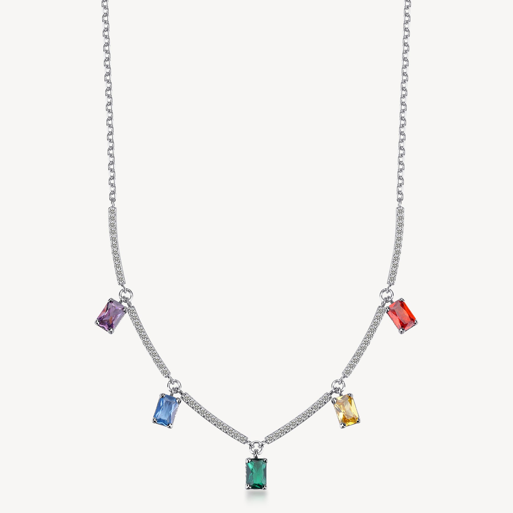 Collana girocollo in argento rodiato 925‰ e cubic zirconia multicolore. Lunghezza collana 45cm.