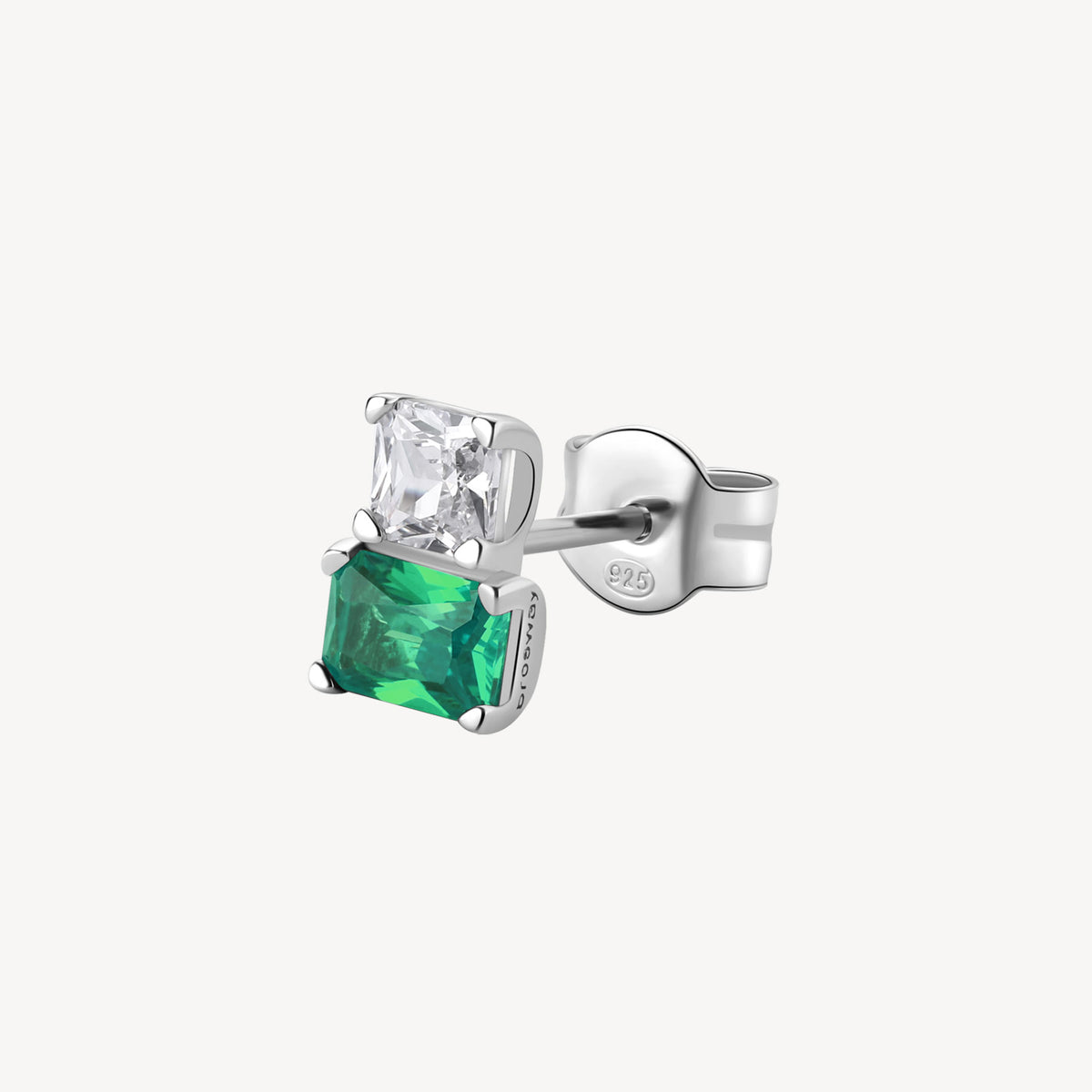 Orecchino singolo a lobo in argento rodiato 925‰ con square cubic zirconia chiaro e baguette cubic zirconia colore emerald.