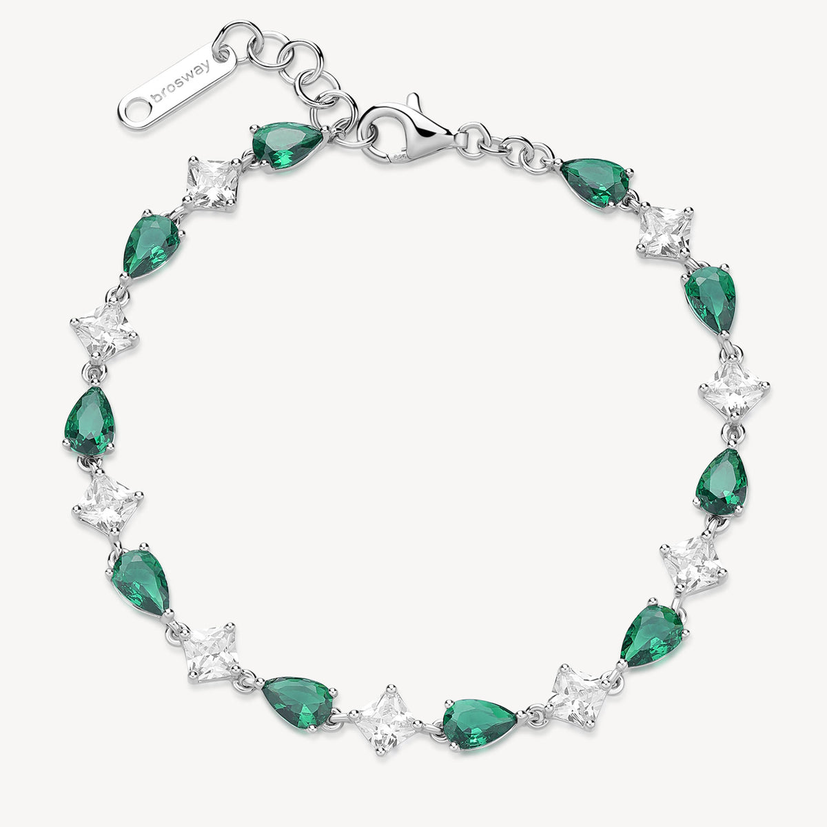 Bracciale in argento rodiato 925‰ con square cubic zirconia e pear cubic zirconia colore emerald. Lunghezza bracciale 18cm.