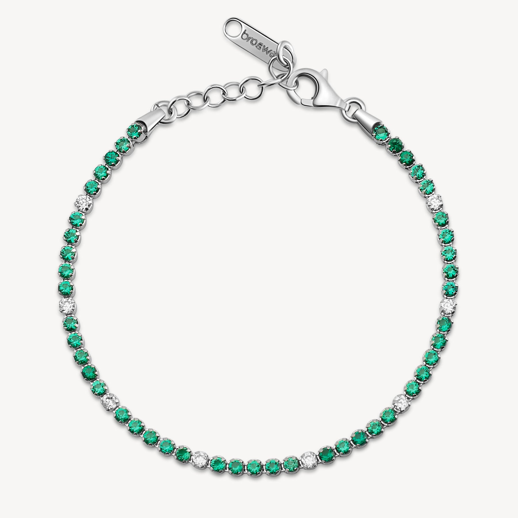 Bracciale tennis in argento rodiato 925‰ con cubic zirconia chiari e cubic zirconia colore emerald. Lunghezza collana 18cm.