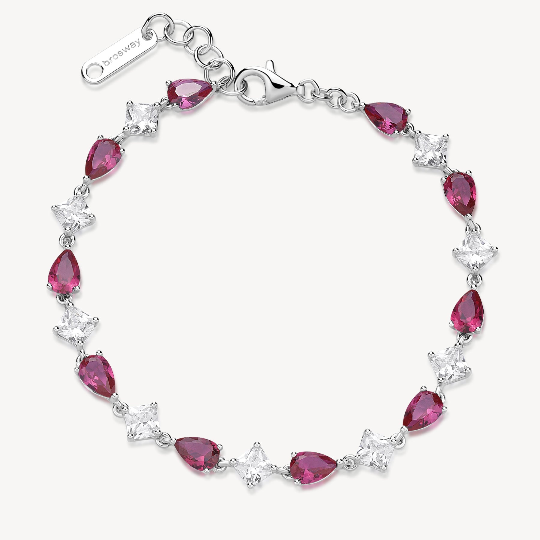 Bracciale in argento rodiato 925‰ con square cubic zirconia e pear cubic zirconia colore ruby.
