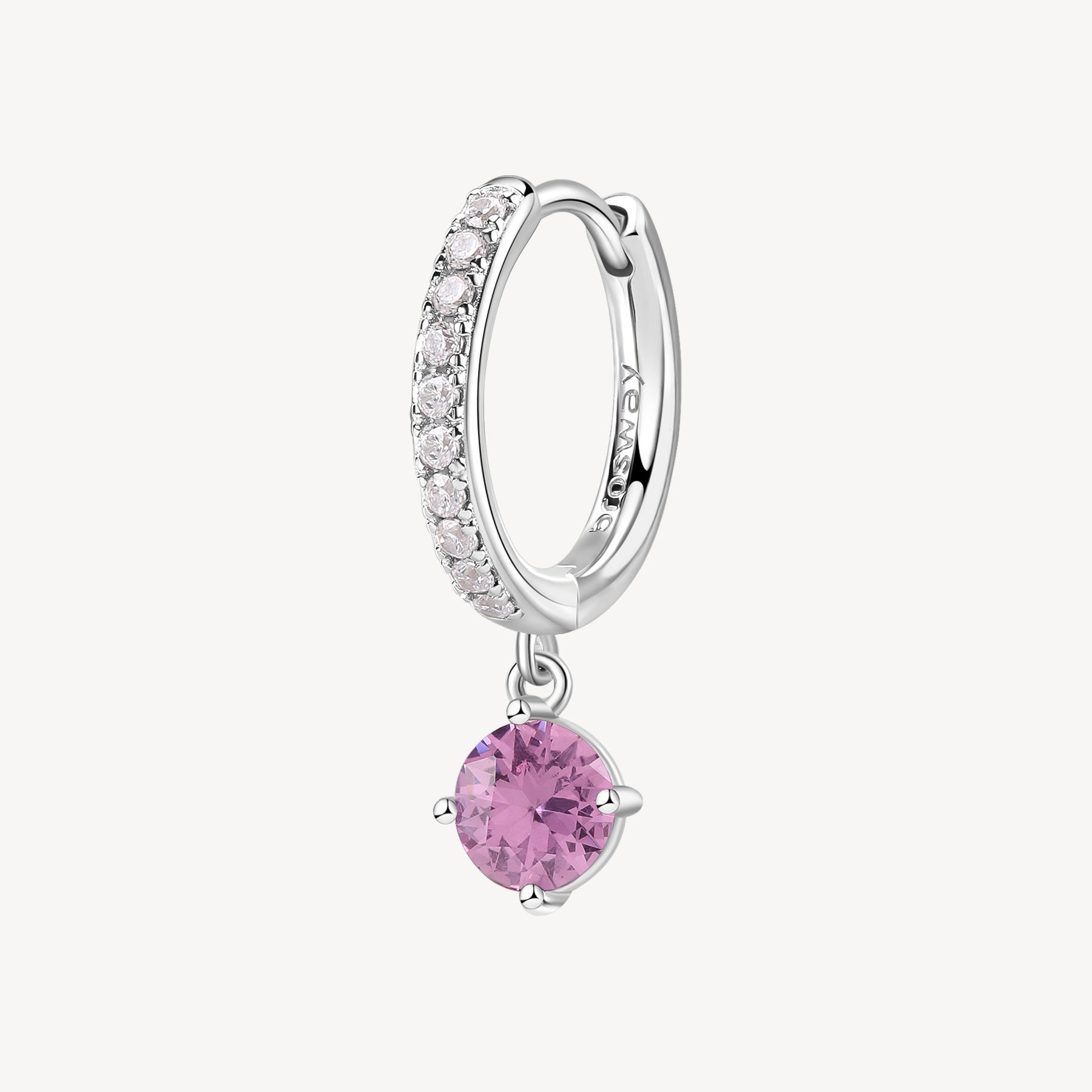 Orecchino singolo a cerchietto in argento rodiato 925‰ con cubic zirconia chiari e pendente con round cubic zirconia colore light ruby.