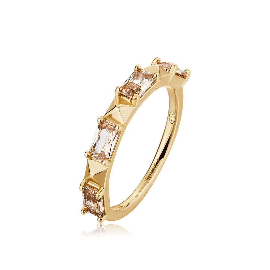 Anello fedina in argento 925‰, placcatura oro giallo, 4 cubic zirconia champagne. Misura anello 16