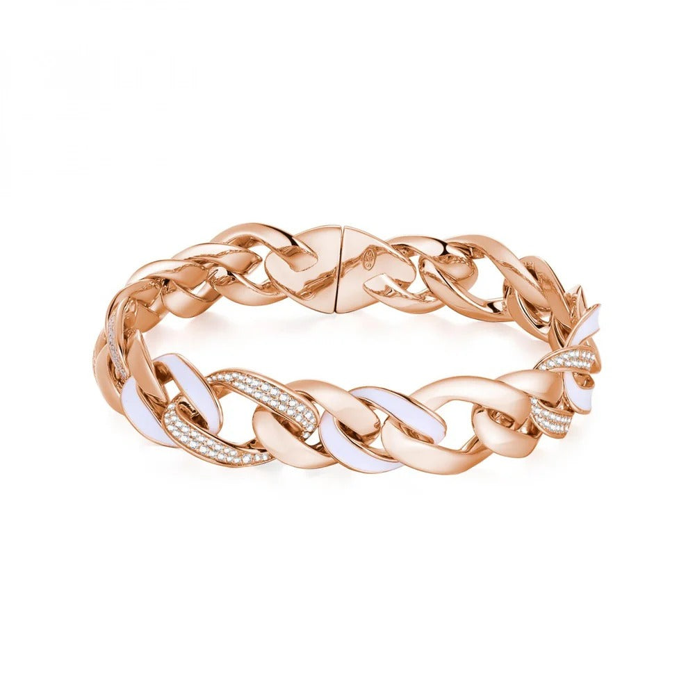 Rosato bracciale morbido in argento 925‰ e placcatura oro rosa, 234 zirconi bianchi, smalto bianco. Lunghezza bracciale 19cm. Possibilità di allungare tramite prolunga venduta separatamente.