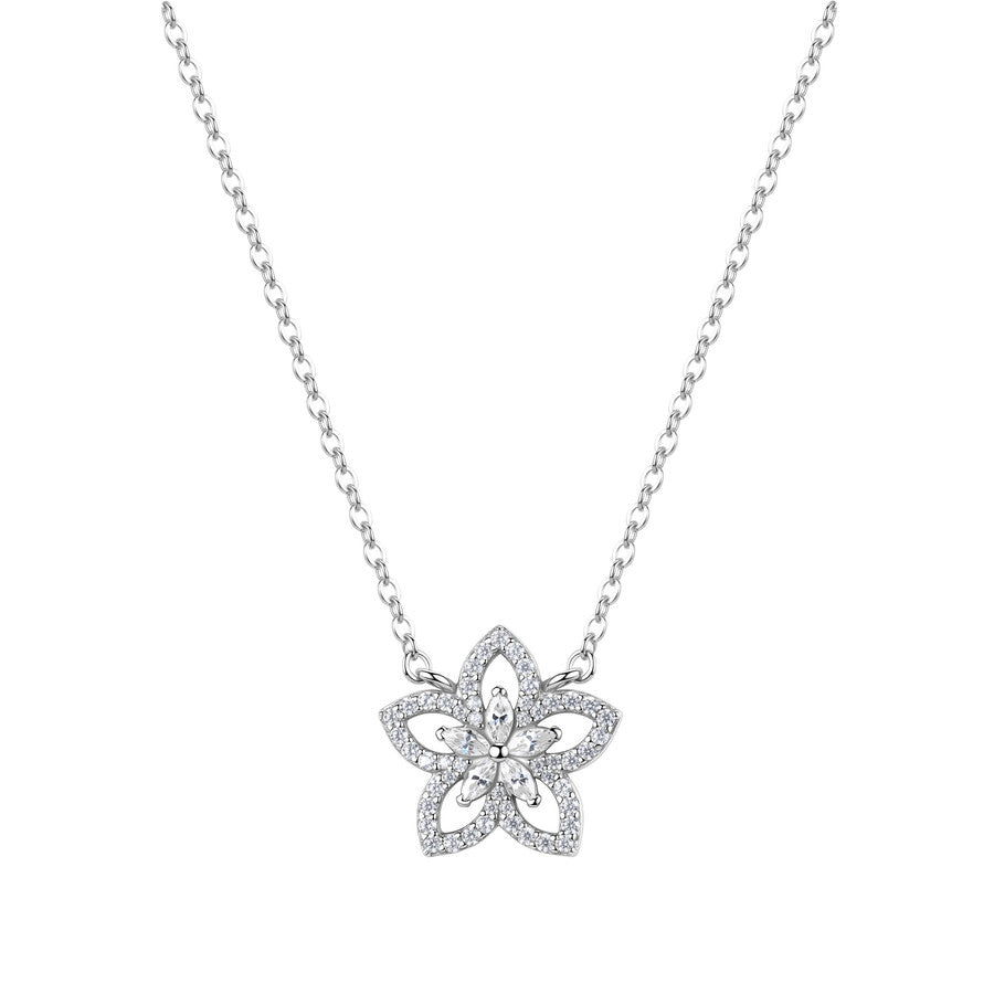 Collana girocollo in argento 925‰ con fiore e 55 cubic zirconia bianchi. Lunghezza collana 44cm
