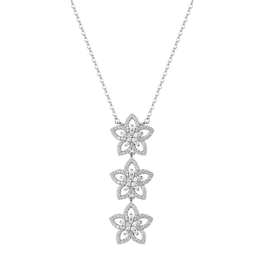 Collana corta in argento 925‰ con pendenti a forma di fiori, 165 cubic zirconia bianchi. Lunghezza collana 44cm
