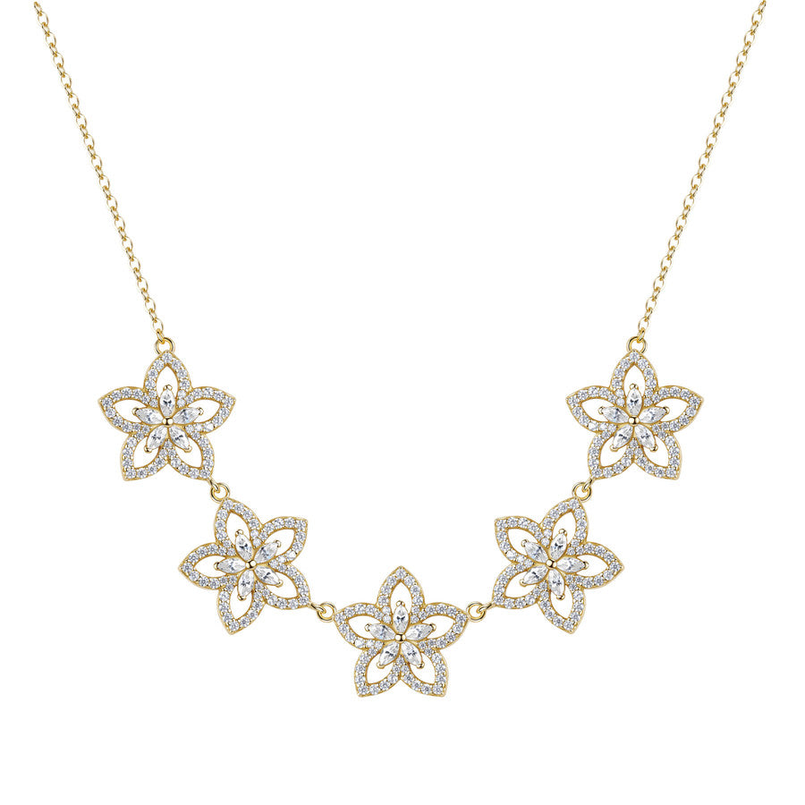 Collana girocollo in argento 925‰ con fiori, placcatura oro giallo con fiori e 275 cubic zirconia bianchi con fiori. Lunghezza collana 44cm