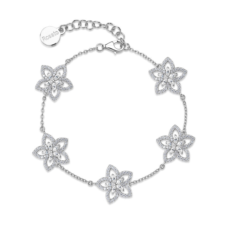 Bracciale morbido in argento 925‰, 275 cubic zirconia bianchi con fiori