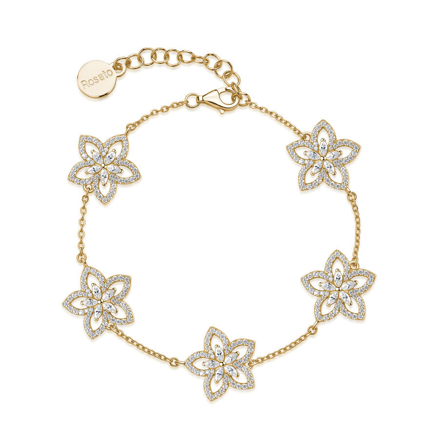 Bracciale morbido in argento 925‰, placcatura oro giallo, 275 cubic zirconia bianchi con fiori