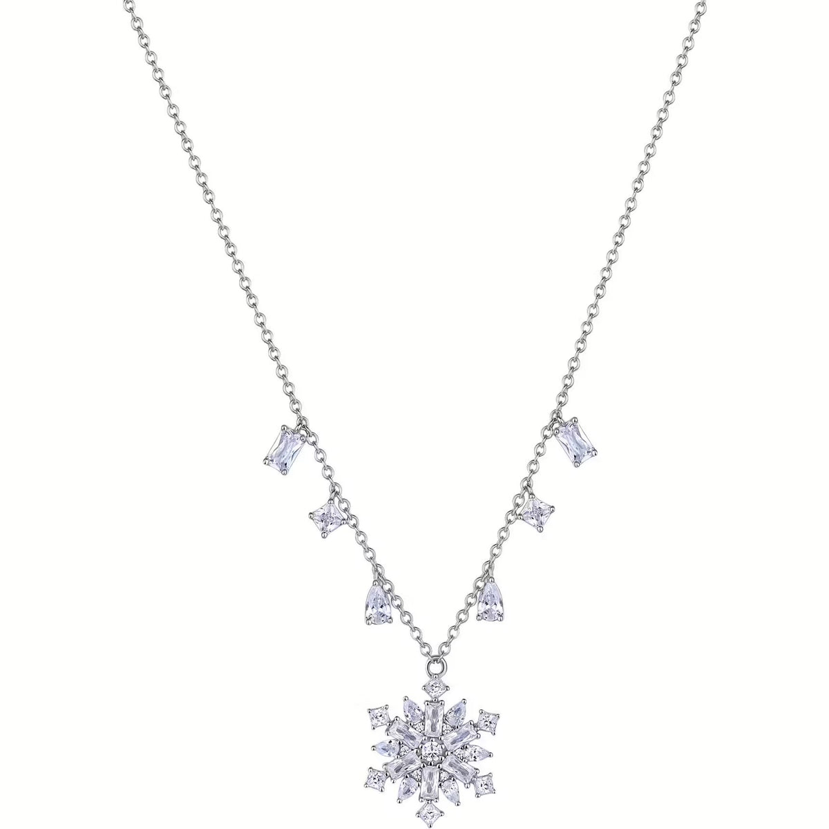 Collana corta in argento 925‰, pendente centrale a forma di fiocco di neve e cubic zirconia bianchi. Lunghezza collana 44cm
