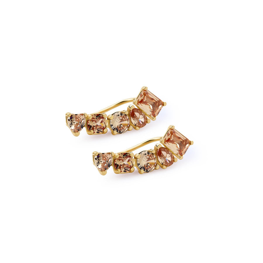 Orecchini lobo in argento 925‰, placcatura oro giallo, 10 cubic zirconia champagne