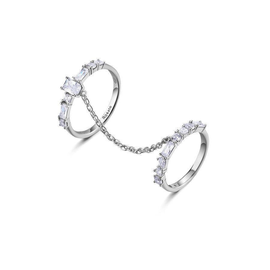 Anello doppio in argento 925‰, 15 cubic zirconia bianchi. Misura anello 14