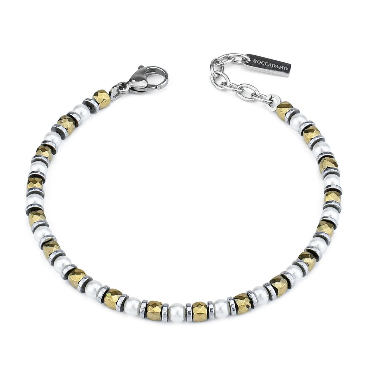 Rhodium-plated steel bracelet with agate cubes and pearl balls.
