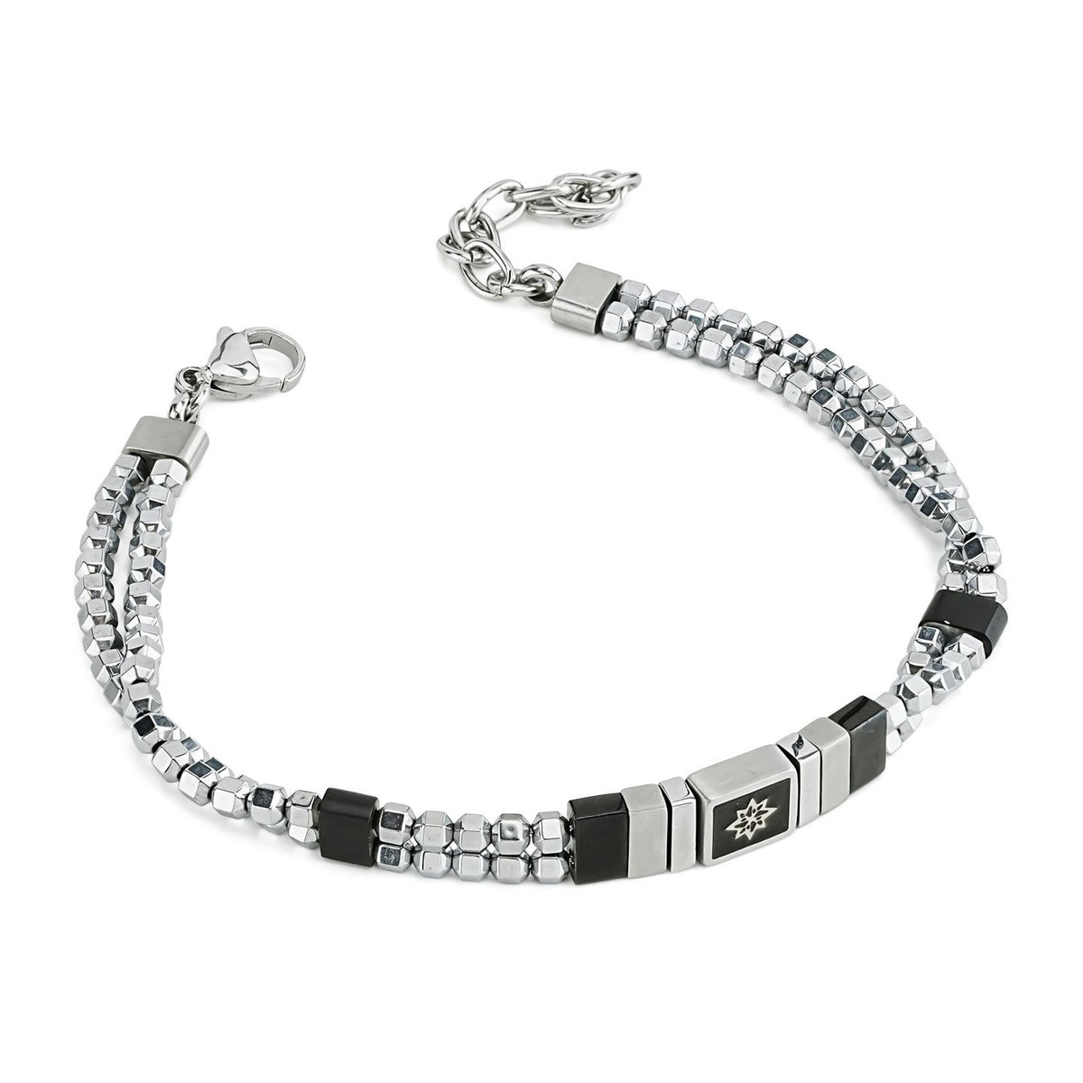 Rhodium-plated steel bracelet with double-strand cubic link
